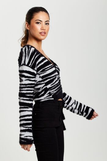 Cardigan portefeuille à motif zèbre Liquorish en noir et blanc 4