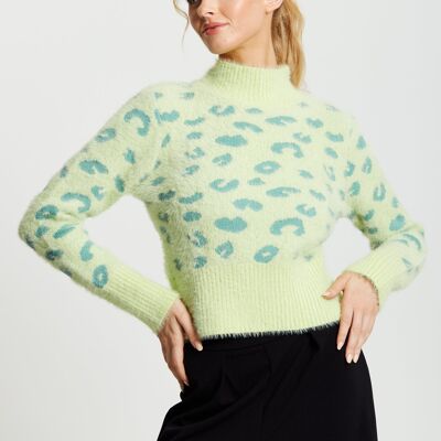 Liquorish Fluffy Animal High Neck Jumper in Green in Yellow and Green