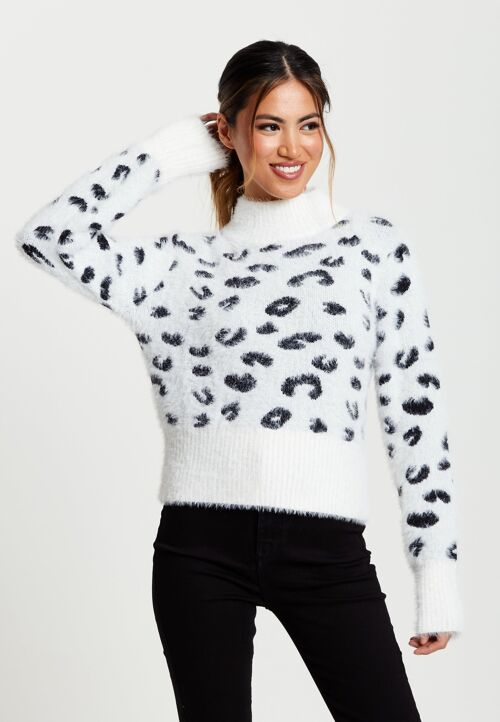 Liquorish Fluffy Animal High Neck Jumper in Black and White