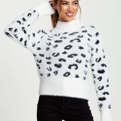 Liquorish Fluffy Animal High Neck Jumper in Black and White