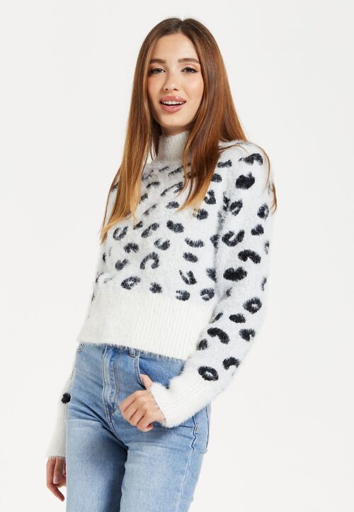 Liquorish Fluffy Animal High Neck Jumper in Black and White
