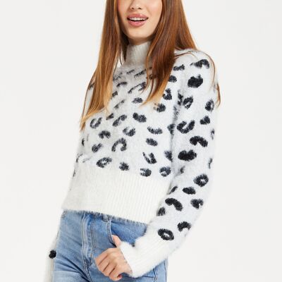 Liquorish Fluffy Animal Maglione a collo alto in bianco e nero
