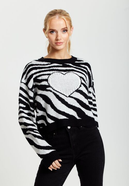 Liquorish Heart Jumper in Black and White Zebra Pattern