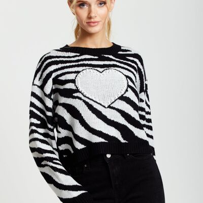 Maglione Liquorish Heart in fantasia zebrata bianca e nera