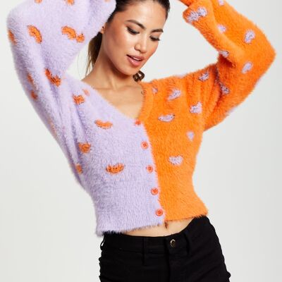 Liquorish Lip Pattern Fluffy Cardigan in Lilac and Orange