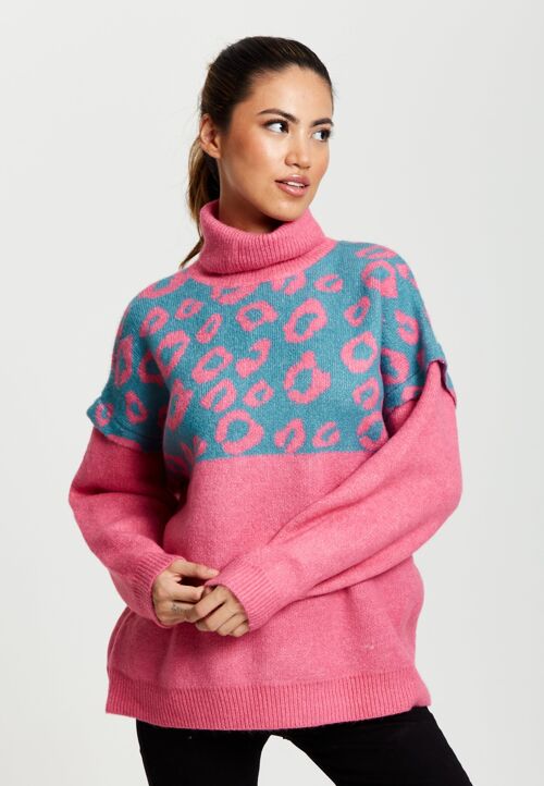 Liquorish Animal Pattern Roll Neck Jumper in Pink and Turquoise