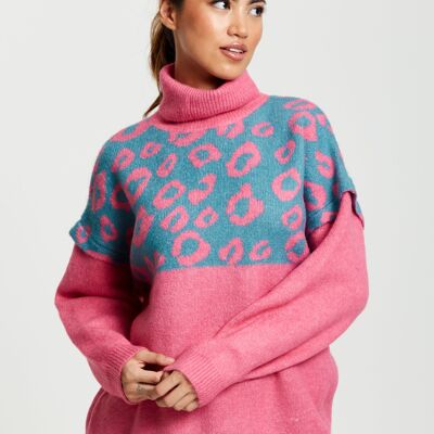 Liquorish Animal Pattern Roll Neck Jumper in Pink and Turquoise