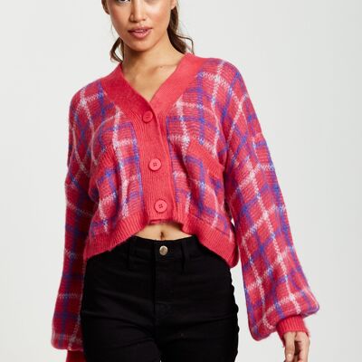 Liquorish Check V-Neck Button Down Cardigan in Pink