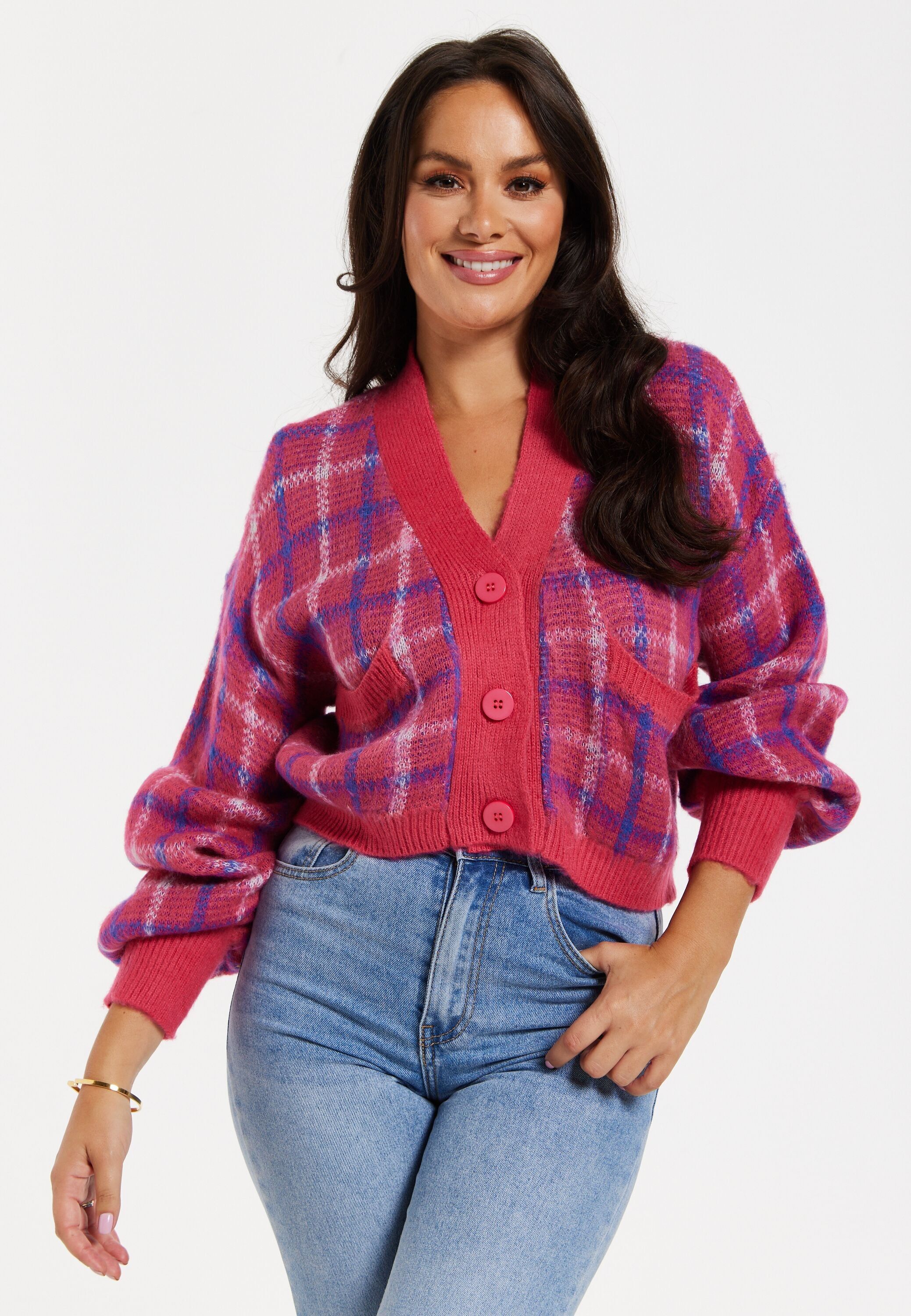 Cardigan abbottonato con scollo a V a quadri Liquorish in rosa