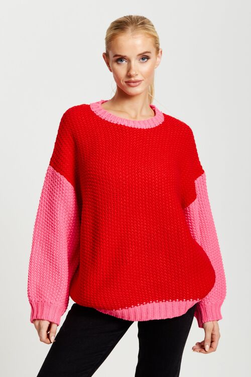 Liquorish Contrast Sleeve Jumper in Pink and Red