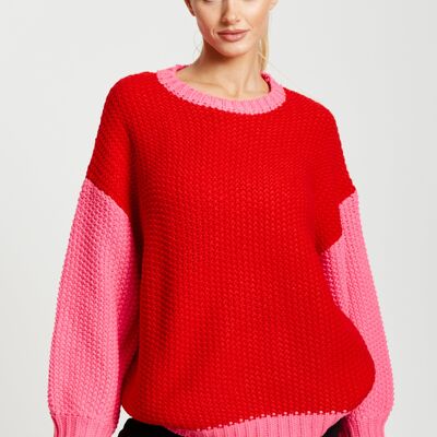 Liquorish Contrast Sleeve Jumper in Pink and Red