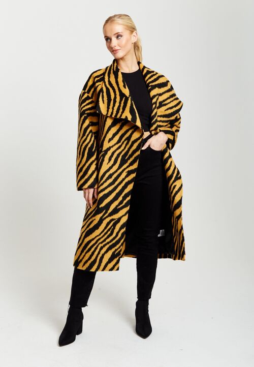 Liquorish Zebra Print Longline Coat in Mustard and Black