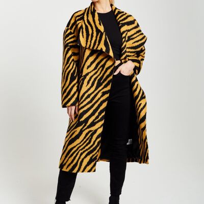 Cappotto lungo con stampa zebrata color senape e nero