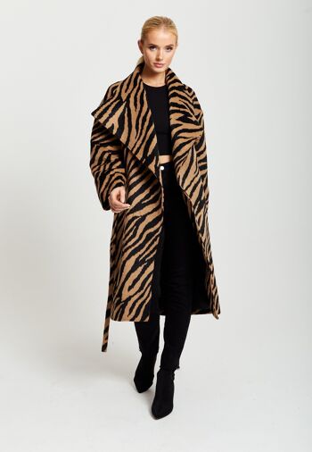 Manteau long à imprimé zèbre Liquorish en marron et noir 3