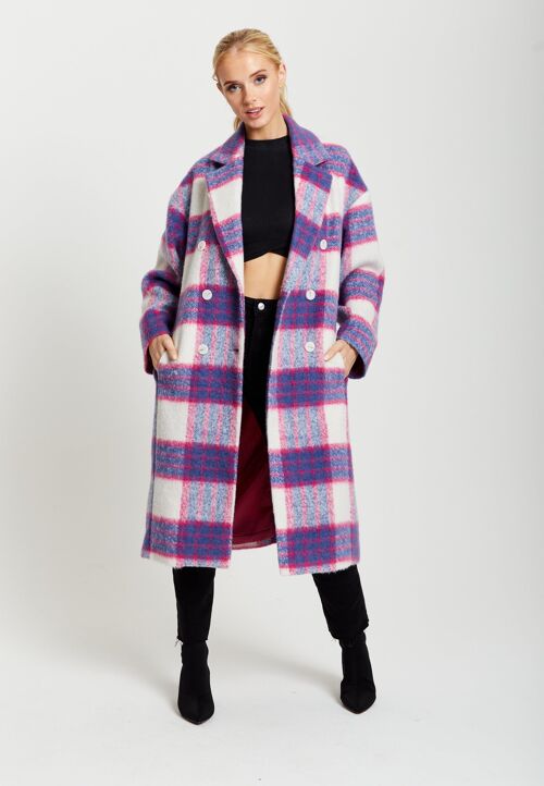 Liquorish Longline Coat in Pink and Navy Checks