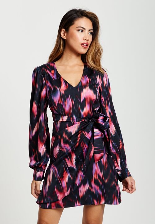 Liquorish Abstract Feather Print Mini Wrap Dress in Black and Pink