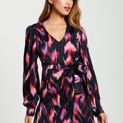 Liquorish Abstract Feather Print Mini Wrap Dress in Black and Pink