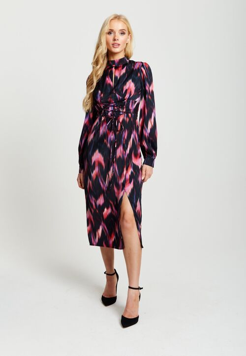 Liquorish Abstract Feather Print Midi Lace Up Dress in Black and Pink