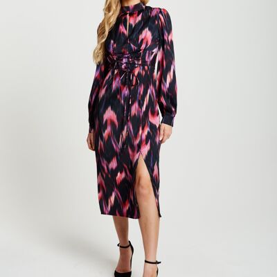 Liquorish Abstract Feather Print Midi Lace Up Dress in Black and Pink