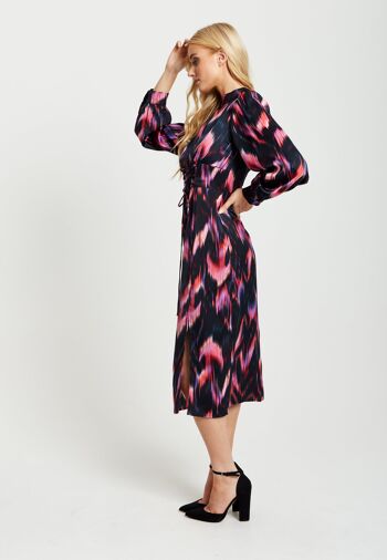Liquorish Robe mi-longue à lacets à imprimé plumes abstraites en noir et rose 3