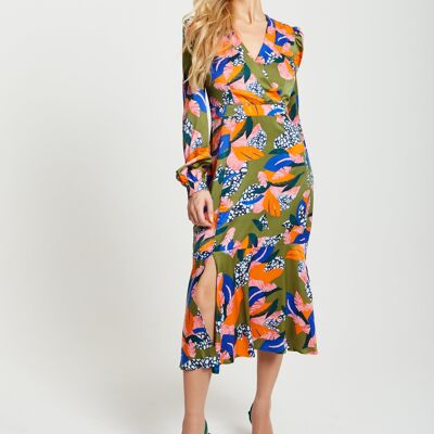 Liquorish Abstract Leaf Print Midi Dress in Olive