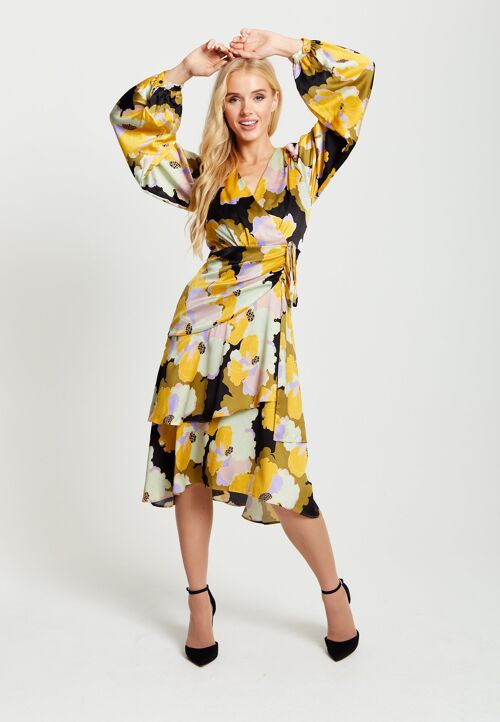 Liquorish Earth Tone Floral Print Midi Wrap Dress with Frill Details and Balloon Sleeves