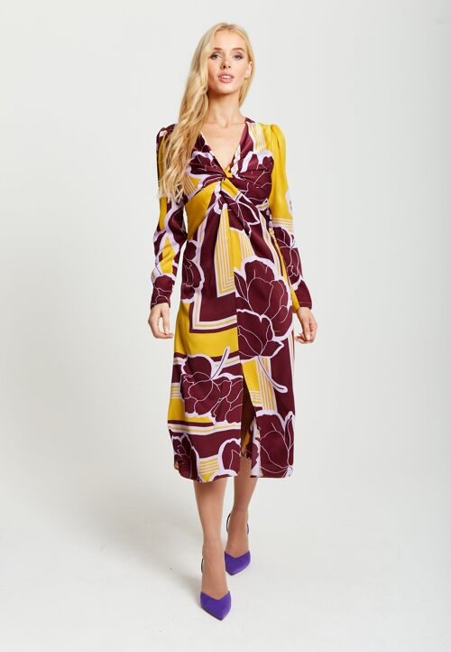 Liquorish Geometric Floral Print Knotted Midi Dress in Yellow and Burgundy