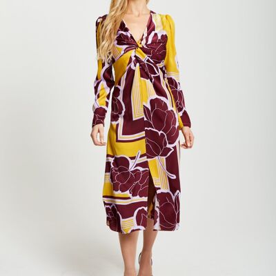 Liquorish Geometric Floral Print Knotted Midi Dress in Yellow and Burgundy