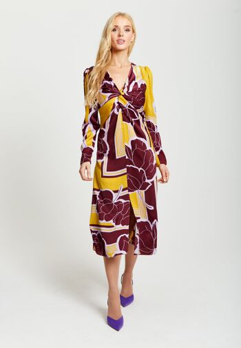 Robe mi-longue nouée à imprimé floral géométrique Liquorish en jaune et bordeaux 1