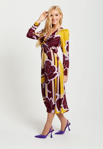 Robe mi-longue nouée à imprimé floral géométrique Liquorish en jaune et bordeaux 2