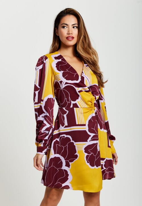 Liquorish Geometric Floral Print Mini Dress in Yellow and Burgundy