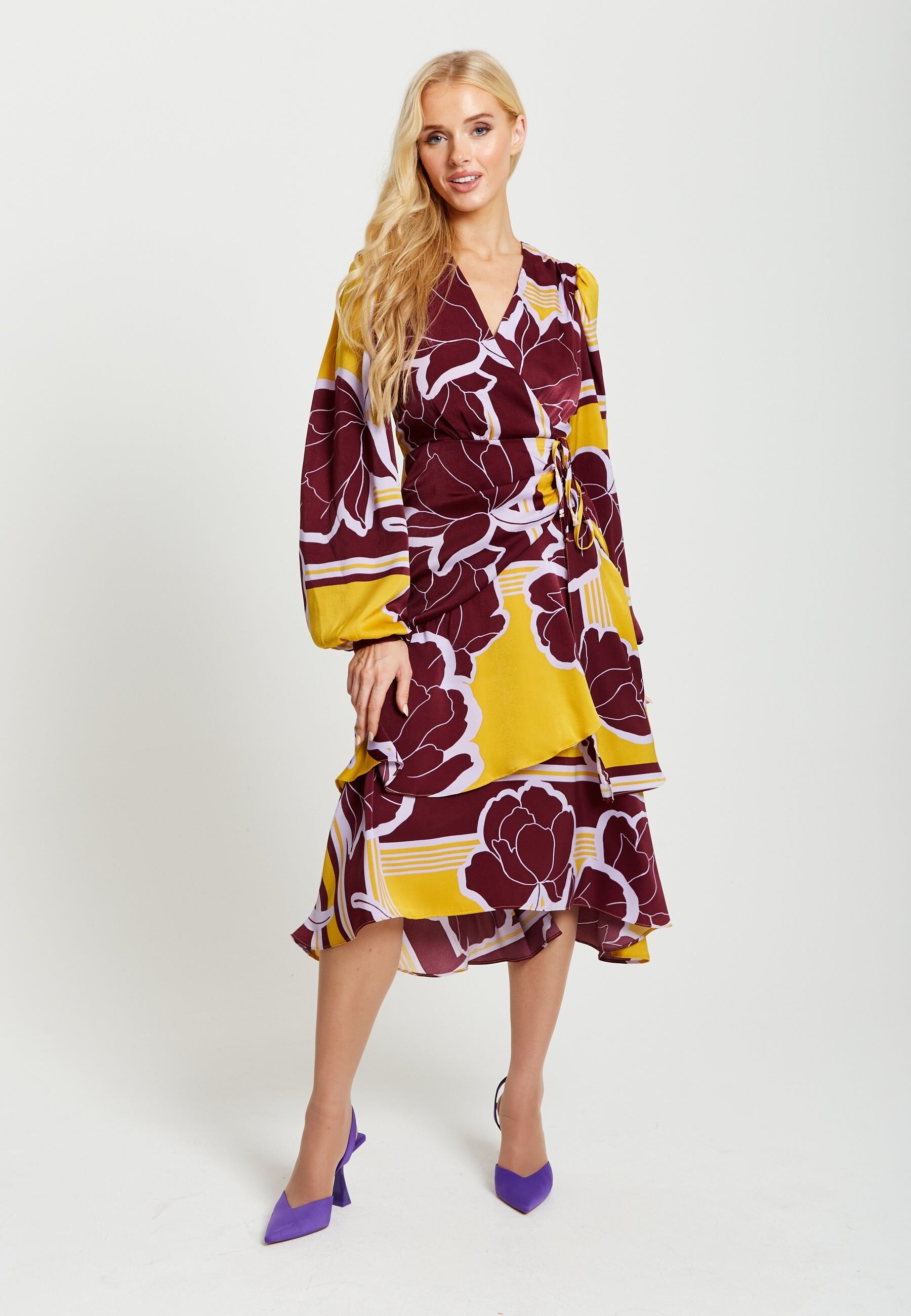 Buy wholesale Liquorish Geometric Floral Print Midi Wrap Dress in Yellow and Burgundy