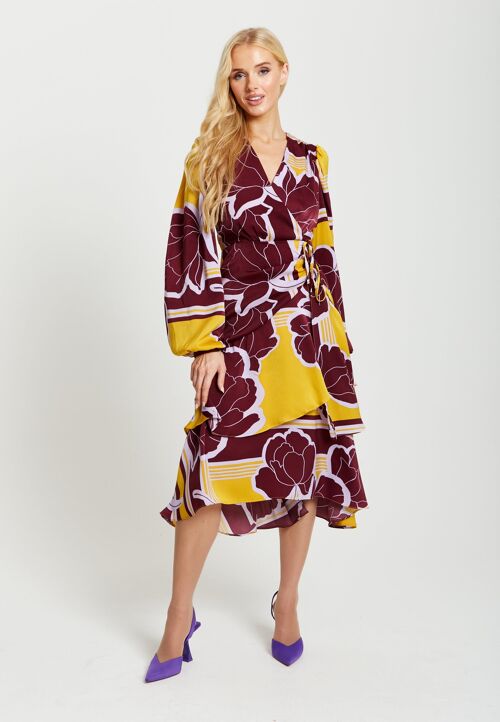 Liquorish Geometric Floral Print Midi Wrap Dress in Yellow and Burgundy
