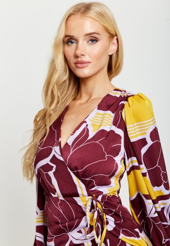 Robe portefeuille mi-longue à imprimé floral géométrique Liquorish en jaune et bordeaux 5