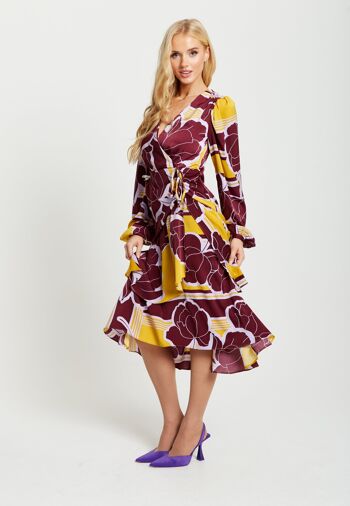 Robe portefeuille mi-longue à imprimé floral géométrique Liquorish en jaune et bordeaux 2