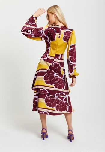 Robe portefeuille mi-longue à imprimé floral géométrique Liquorish en jaune et bordeaux 4