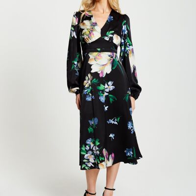 Liquorish Robe mi-longue élégante à imprimé floral en noir