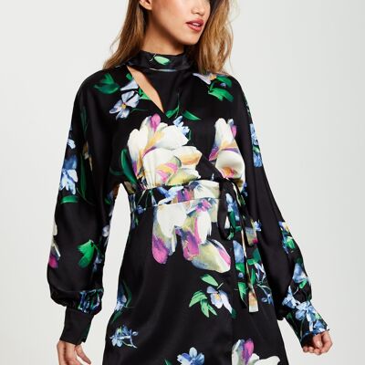 Liquorish Elegant Floral Print Mini Wrap Dress with Cut Out Detail