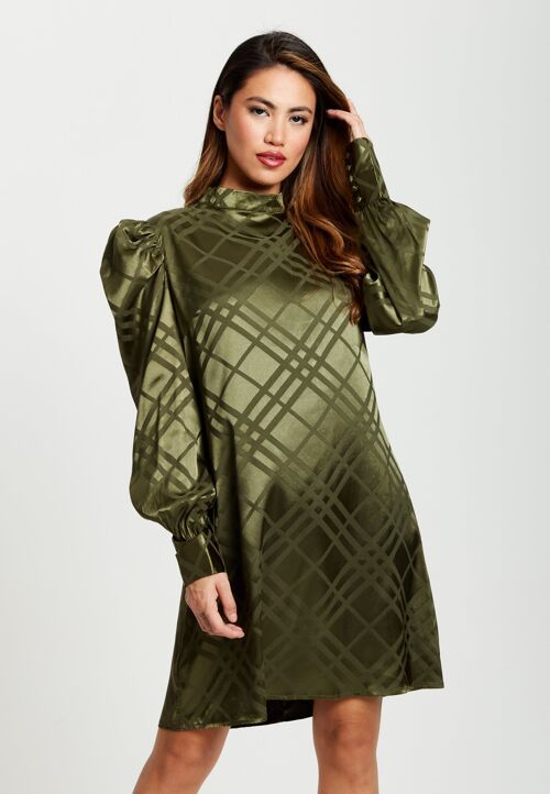 Liquorish Check Jacquard Mini Dress with High Neck & Puff Sleeve Details in Khaki