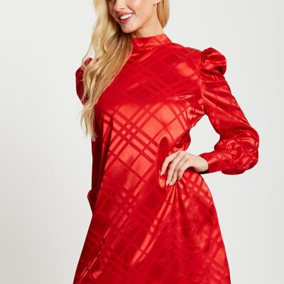 Kariertes Jacquard-Minikleid mit Stehkragen und Puffärmel-Detail in Rot