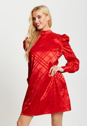 Mini robe en jacquard à carreaux Liquorish avec col montant et manches bouffantes en rouge 1