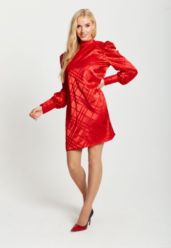 Mini robe en jacquard à carreaux Liquorish avec col montant et manches bouffantes en rouge 2