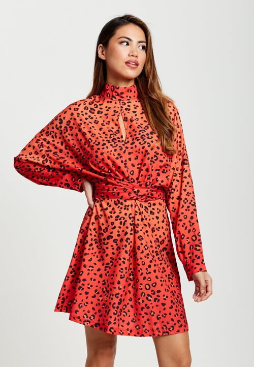 Liquorish Animal Print Dress with Open Neck Detail in Orange