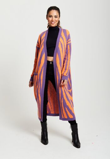 Cardigan long Liquorish à motif zébré orange et lilas 2