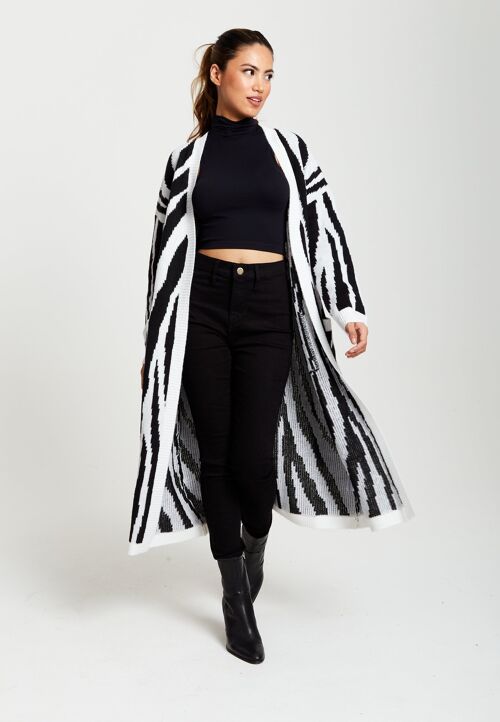 Liquorish Longline Cardigan in Black and White Zebra Pattern