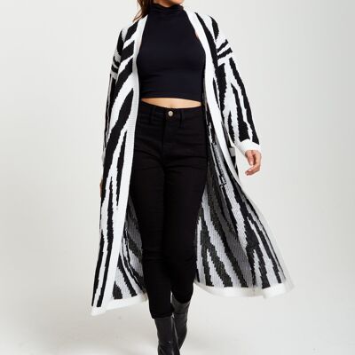 Liquorish Longline Cardigan in Black and White Zebra Pattern