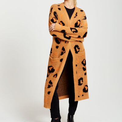 Liquorish Animal Pattern Longline Cardigan in Braun