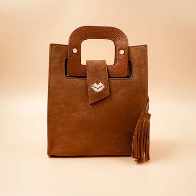 ARTISTE Kamel Wildleder Handtasche, braune Griffe und beige Mund Stickerei