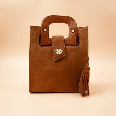 ARTISTE camel suede handbag, brown handles and beige mouth embroidery