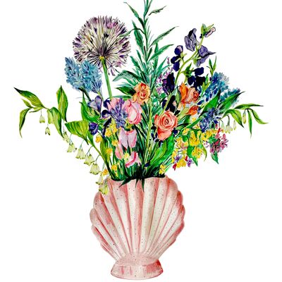 Muschelvase mit Gartenblüten Giclée-Druck